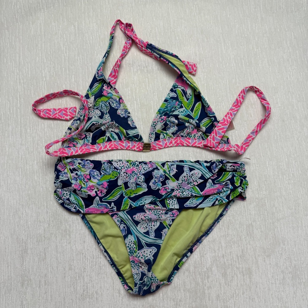 Lilly Pulitzer Noa Triangle Halter Bikini Set Women 14 Blue Floral Swimsuit Logo